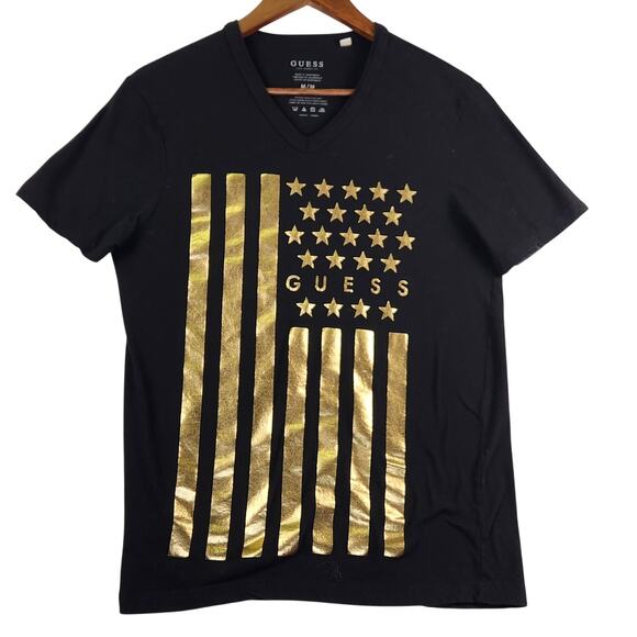 VTG GUESS Mens Gold American Flag Foil Graphic V-Neck T-Shirt M Black Patriotic - Picture 1 of 8